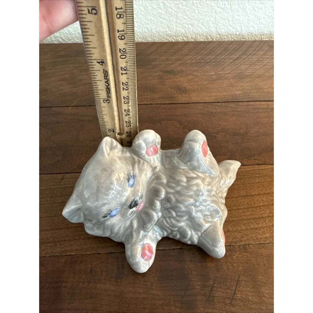 Vintage White Ceramic Persian Cat Pink Paws Blue Eyes Kitty Laying On Back